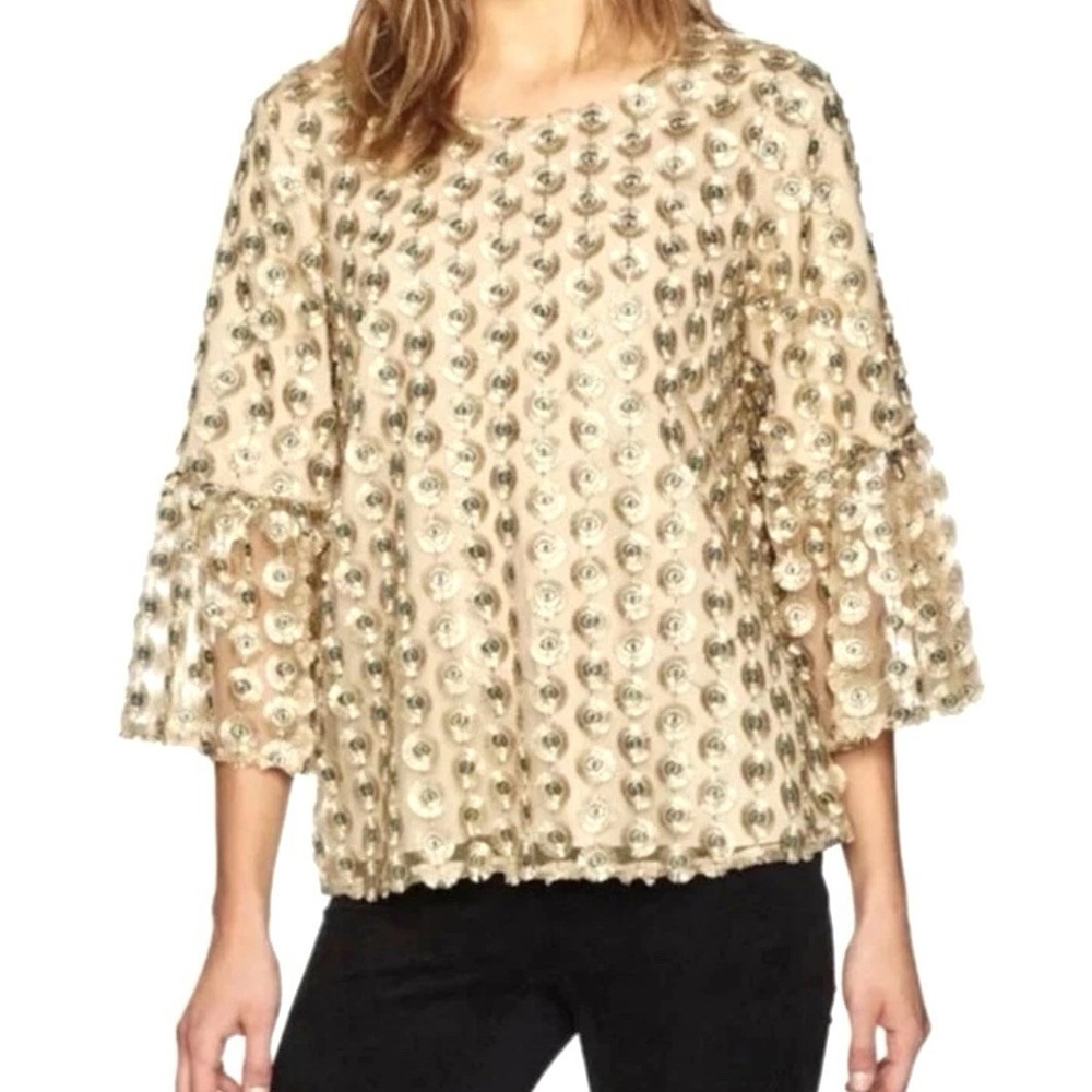 Calvin Klein Women's Sz M Gold Shimmer Top Boho Bell Sleeve Sheer Lined Blouse